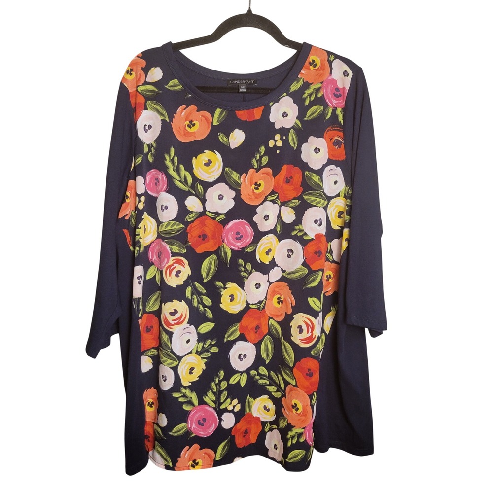 Lane Bryant Navy Blue Floral Mixed Media 3/4 Sleeve Top‎ Tunic Plus Size 18/20